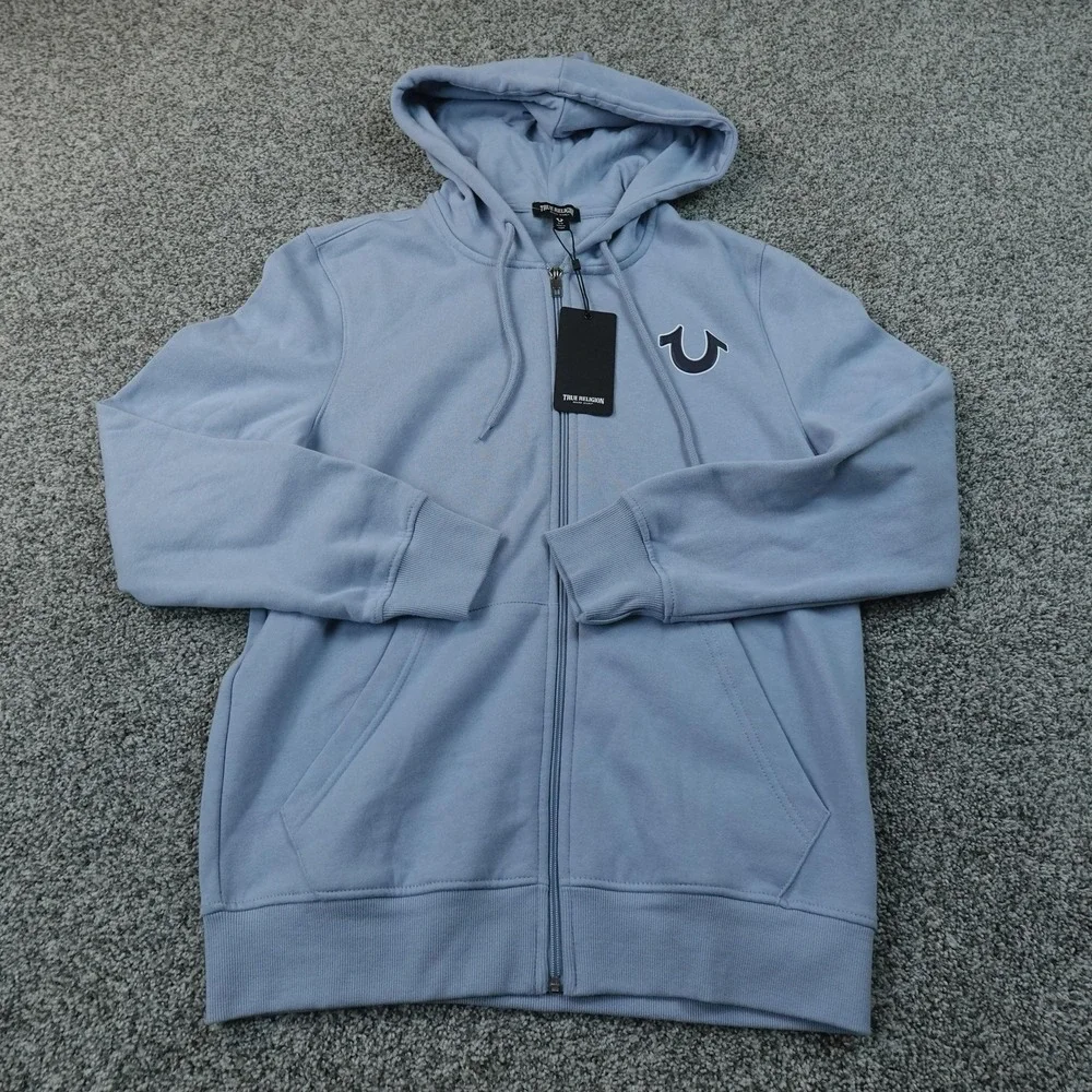 NEW True Religion Hoodie Mens S Blue Full Zip Horseshoe LogoSweatshirt Jacket